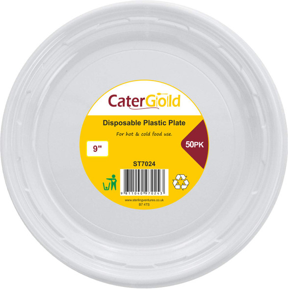 CATER GOLD REUSABLE PLASTIC PLATE 50PK. طبق ذهبي من البلاستيك قابل لإعادة الاستخدام، 50 قطعة