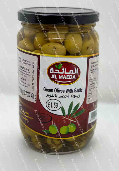 AL-MAEDA GREEN OLIVES WITH GARLIC 1050G - المائدة زيتون اخضر بالثوم