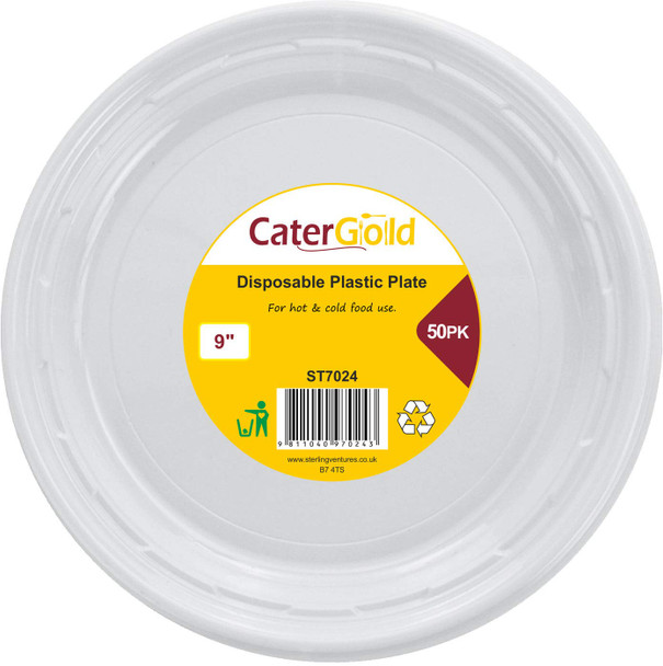 CATER GOLD REUSABLE PLASTIC PLATE 50PK. طبق ذهبي من البلاستيك قابل لإعادة الاستخدام، 50 قطعة