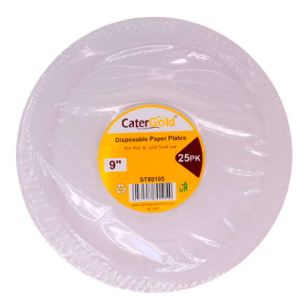 CATER GOLD DISPOSABLE PAPER PLATES 25PK أطباق ورقية من كاتر جولد للاستعمال مرة واحدة، 25 قطعة