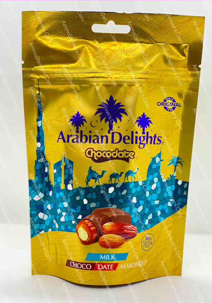 ARABIAN DELIGHTS CHOCOLATE DATE STUFFED WITH ALMOND (MILK) 100G - ارابيان ديلايتس تمر محشو لوز مغطى بالشيكولاته (حليب)