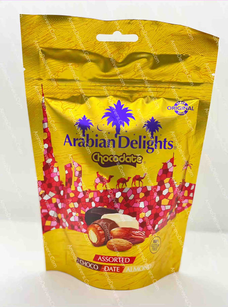 ARABIAN DELIGHTS CHOCOLATE DATE STUFFED WITH ALMOND (ASSORTED) 100G - ارابيان ديلايتس تمر محشو لوز مغطى بالشيكولاته (مشكل)