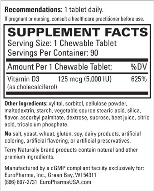Terry Naturally Vitamin D3 Chewable 5000 IU - 90 tablet bottle