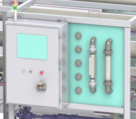 Rendering of the skid-mounted control cabinet housing the PLC, operator interface and variable frequency drive
