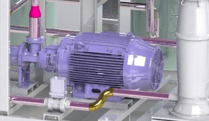 Rendering of the 50 HP TEFC motor close-coupled to the high-pressure pump on the skid