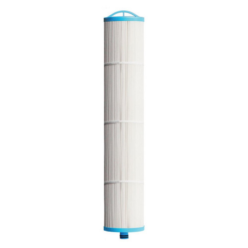 Enpress ONE CT-20NANO-AG Green Series NanoAl pleated cartridge, white pleats in a clear outer sleeve, a tall white 8 inch by 40 inch cartridge with the light-blue handle top cap and the blue double o-ring bottom connector