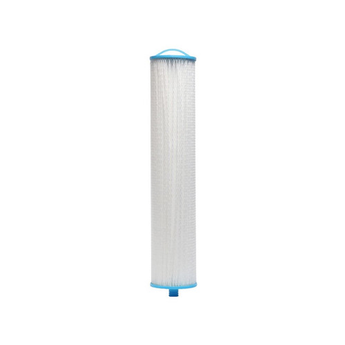 Enpress ONE CT-2010 Orange Series double pleated sediment cartridge, white pleats in a clear outer sleeve, a tall white 8 inch by 40 inch cartridge with the light-blue handle top cap and the blue double o-ring bottom connector