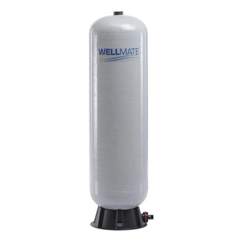 WellMate WM-12 composite pre-pressurized water tank, a 16 inch diameter fiberglass-wound vessel 57 inches tall in grey with WELLMATE branding, standing on a black moulded polymeric base with the bottom inlet/outlet fitting