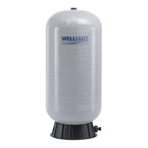 WellMate WM-35WB composite pre-pressurized water tank, a 24 inch diameter fiberglass-wound vessel 74.25 inches tall in grey with WELLMATE branding, standing on a black moulded polymeric base with the bottom inlet/outlet fitting