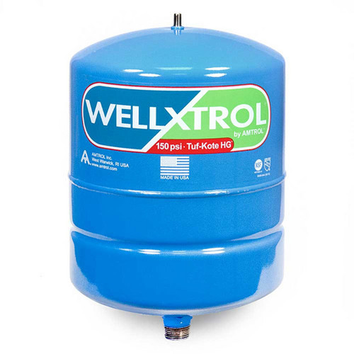 Amtrol Well-X-Trol WX-101 in-line diaphragm well tank, a blue steel vessel 8 inches in diameter and 13 inches tall with the WELL-X-TROL label, an air valve on top and the 3/4" NPTM male connection underneath