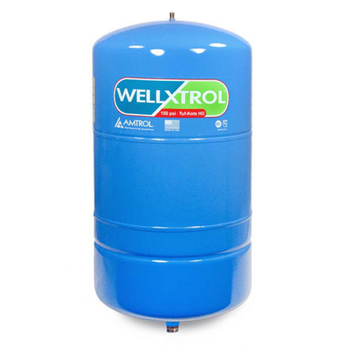 Amtrol Well-X-Trol WX-103 in-line diaphragm well tank, a blue steel vessel 11 inches in diameter and 20 inches tall with the WELL-X-TROL label, an air valve on top and the 3/4" NPTM male connection underneath