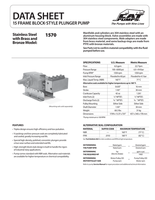 Cat Pumps 1570 exploded view and parts list (data sheet).