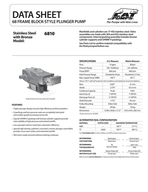 Cat Pumps 6810 exploded view and parts list (data sheet).