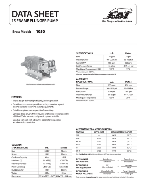 Cat Pumps 1050 specifications and dimensions (data sheet).