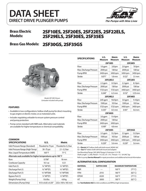 Cat Pumps 2SF specifications and dimensions (data sheet).