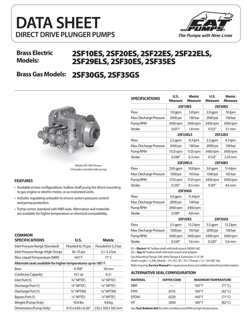 Cat Pumps 2SF specifications and dimensions (data sheet).