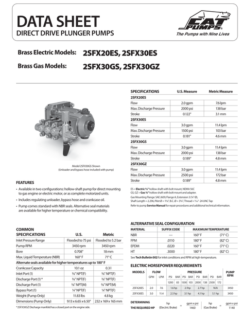 Cat Pumps 2SFX specifications and dimensions (data sheet).