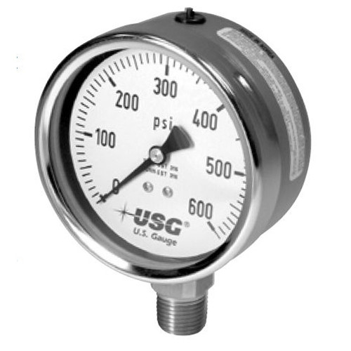 Ametek US Gauge 656 Liquid Fillable Open Front Pressure Gauge, 100mm, 316L Stainless Steel, Lower Mount, 1/2-14 NPT, 0-30 psi