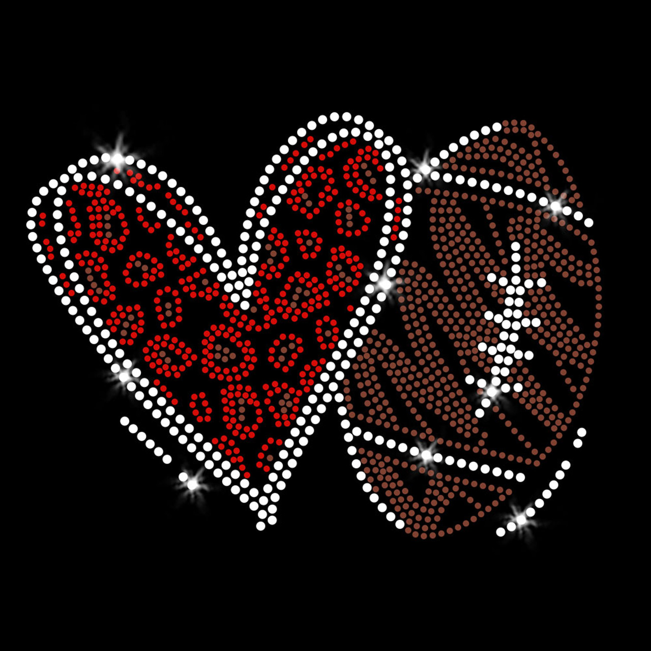 Football Heart Cute Cheetah Bling Fun Iron-on Rhinestone & Rhinestud  Transfer