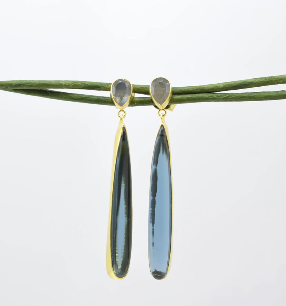 TEARDROP LONG BLUE IOLITE & LABRADORITE 18K GOLD PLATED EARRINGS