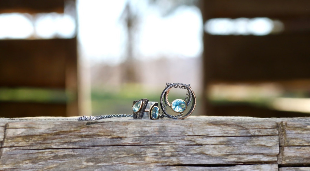 Sterling Silver with Hammered Bronze Accents and Large Blue Topaz Stone