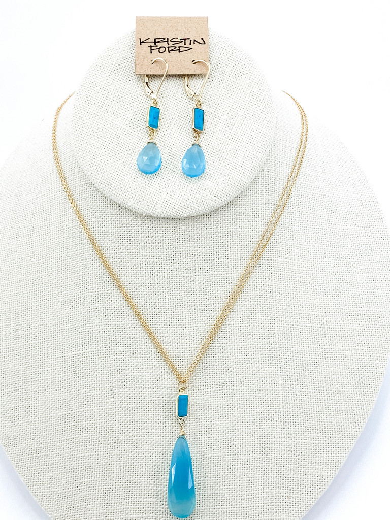 TURQUOISE HOWLITE BAGUETTE WITH CHALCEDONY DROP NECKLACE