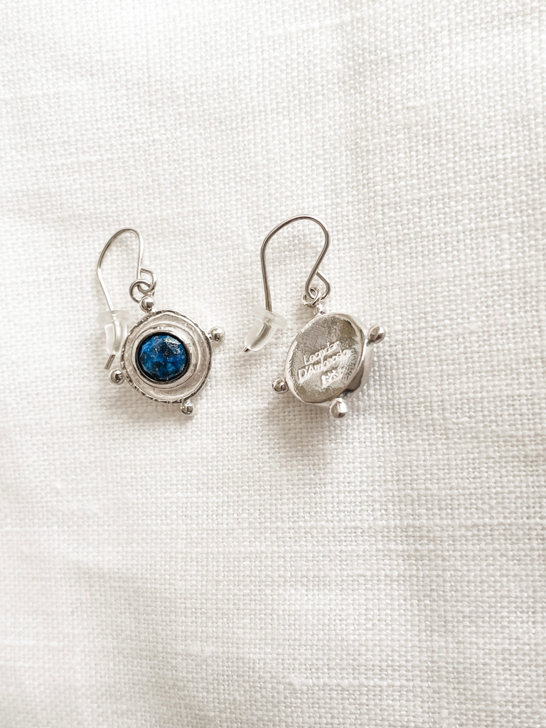 SILVER LAPIS MEDALLION GEM DROP EARRINGS