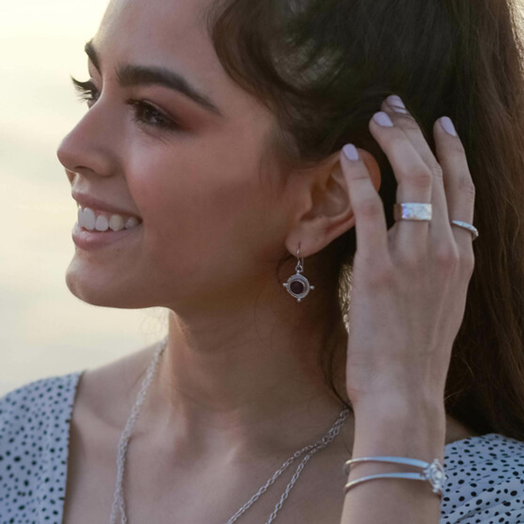 SILVER BLACK ONYX MEDALLION GEM DROP EARRINGS