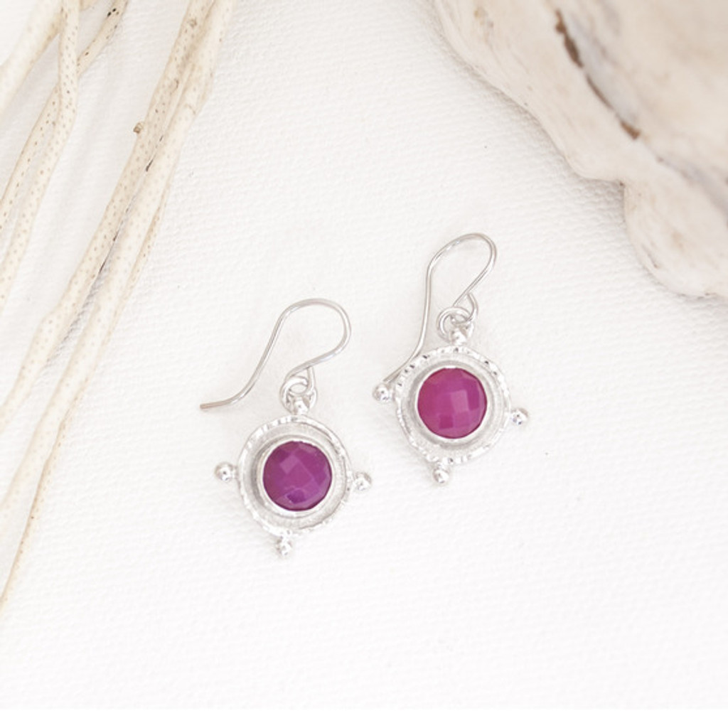 SILVER MEDALLION FUCHSIA PINK CHALCEDONY DROP EARRINGS