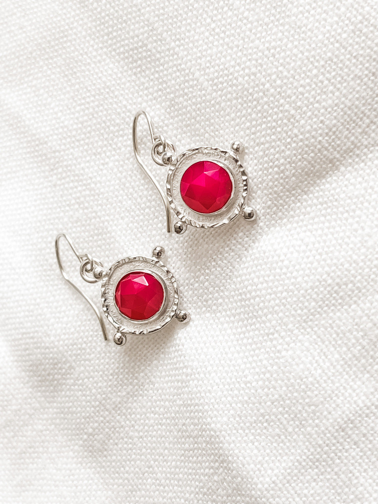 SILVER MEDALLION FUCHSIA PINK CHALCEDONY DROP EARRINGS