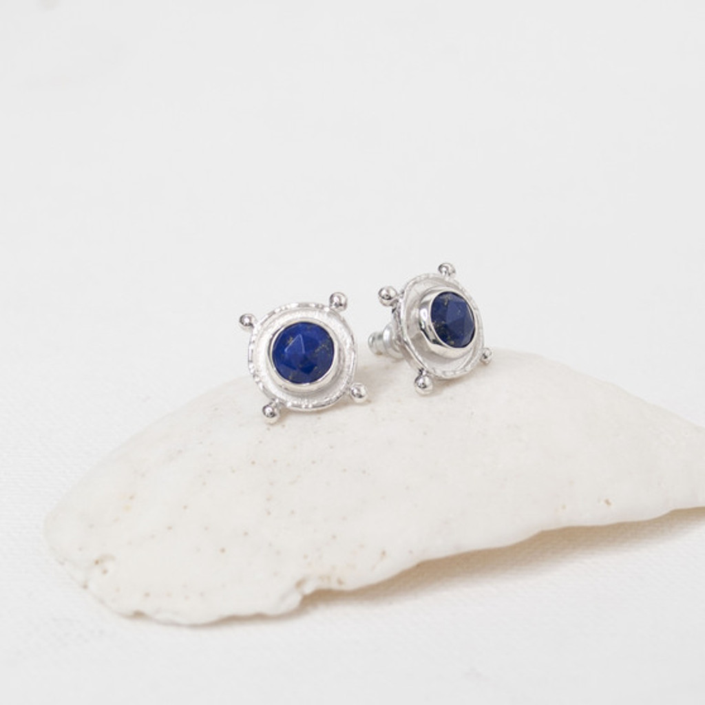 SILVER LAPIS MEDALLION STUD EARRINGS