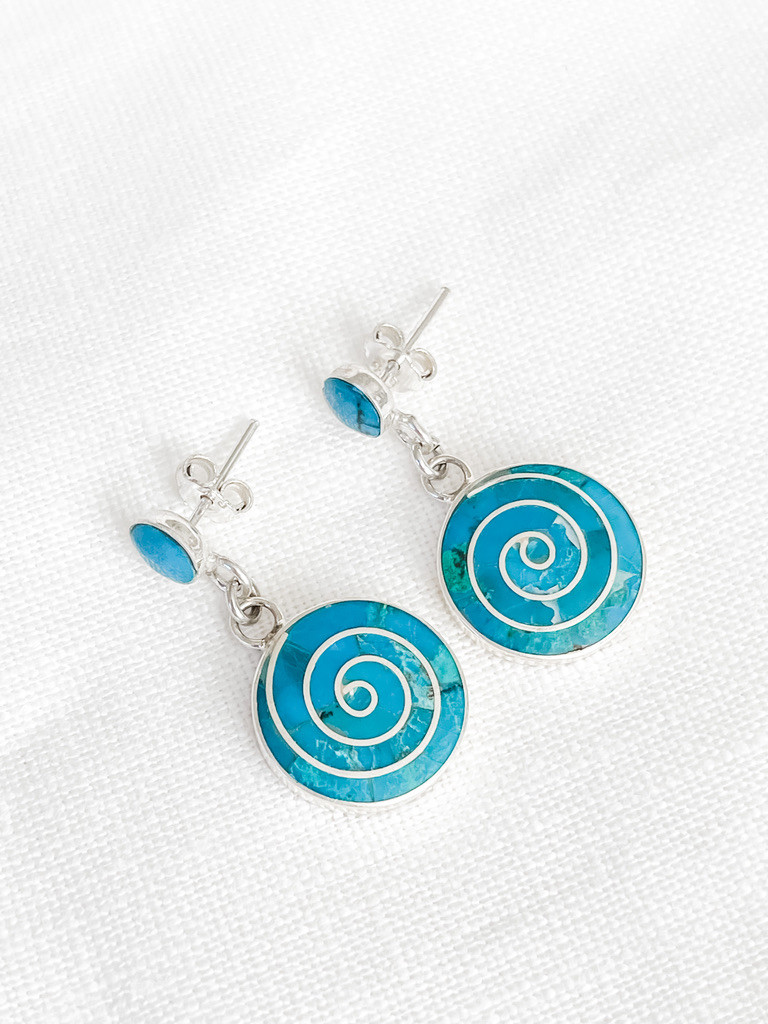 STERLING SILVER INLAY TURQUOISE CIRCLE DROP EARRINGS