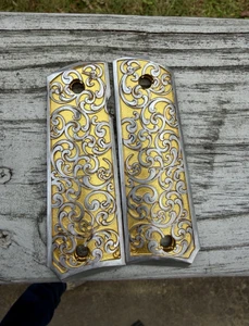 Full Size 1911 Aluminum Grips- Scroll Theme- Gold Cerakote Inlay