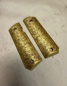 Full Size 1911 Aluminum Grips- Scroll Theme- Gold Cerakote Finish