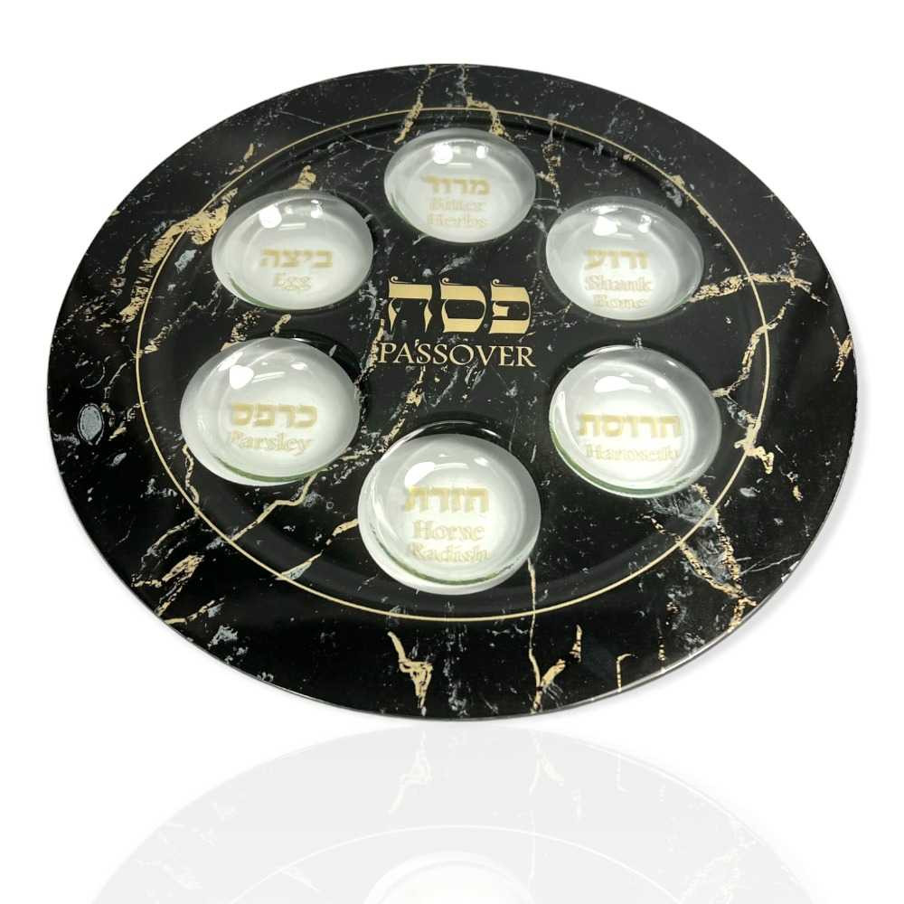 Black And Gold Marbled Designed Glass Seder Plate