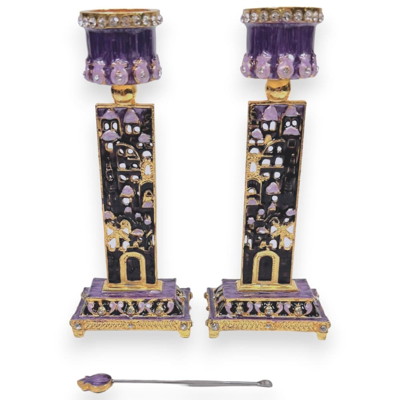 Lavender Shabbat Candlesticks With Jerusalem Design