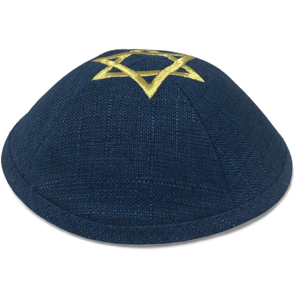 Blue Linen Gold Star Kippah
