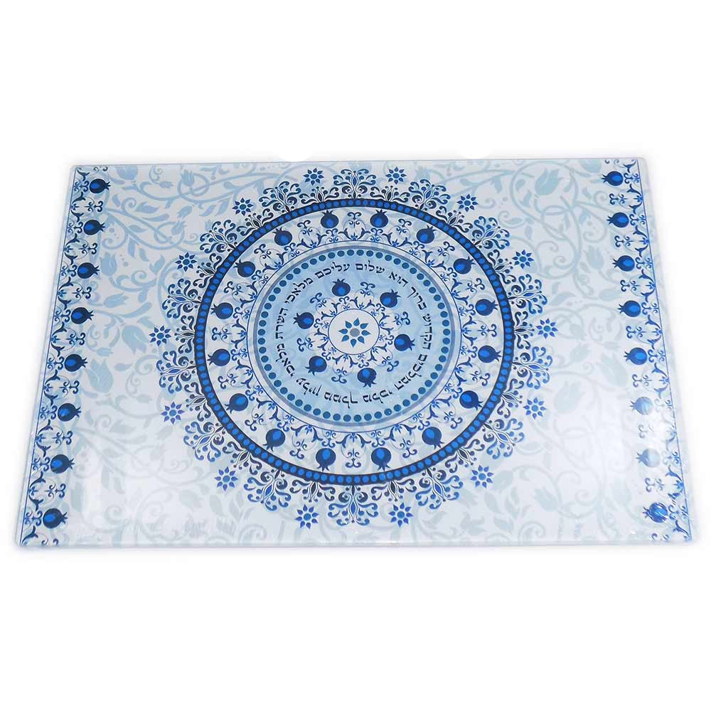 Shabbat Challah Trays Blue Pomegranate Glass Challah Tray