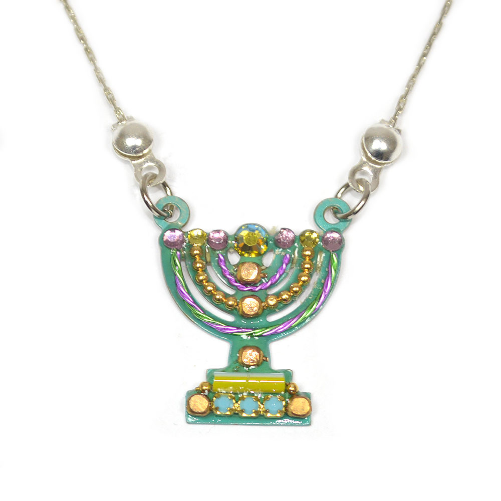 Jewish Jewelry Purple Gold And Green Crystal Menorah Necklace, Made