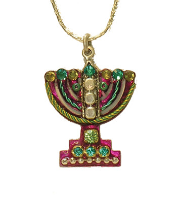 Jewish Jewelry Green And Gold Crystal Menorah Necklace, Made In Israel