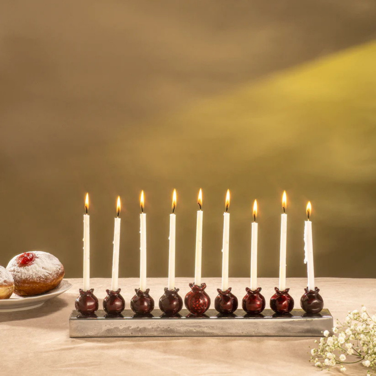 Menorah Red Hanukkah Menorahs-Red Metal Pomegranates Menorah