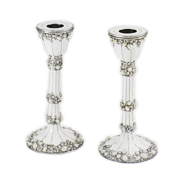 Bejeweled White Sabbath Candlesticks|Judaica