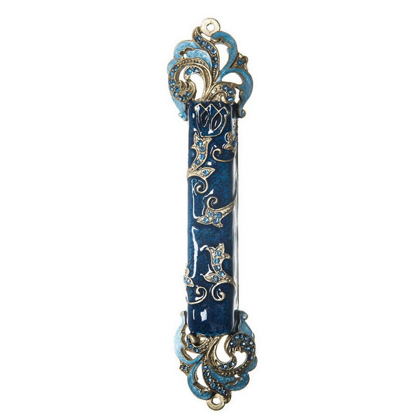 Regal Blue Enamel And Crystal Gemstone Mezuzah