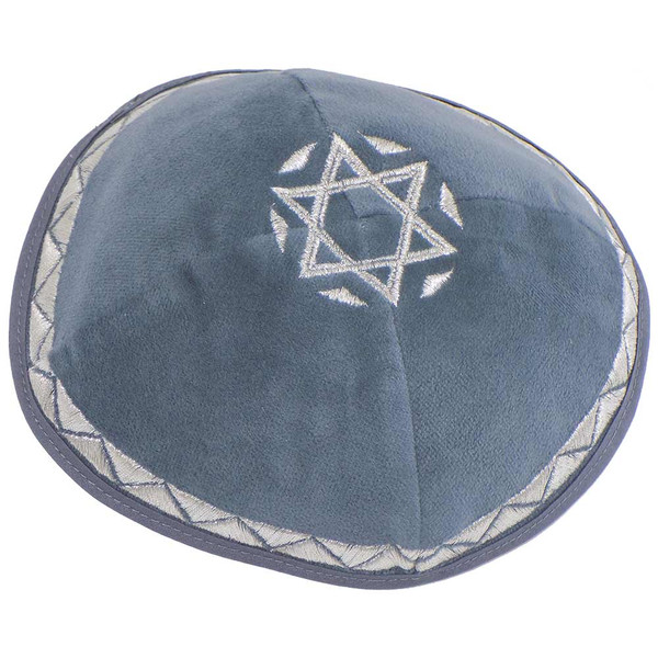 Embroidered Grey Velour Jewish Star Kippah