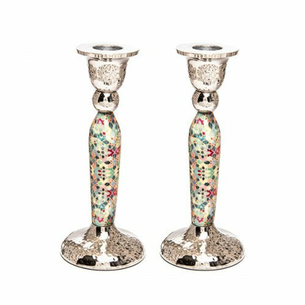 Metal Shabbat Candlesticks With Multi Color Mosaic Design