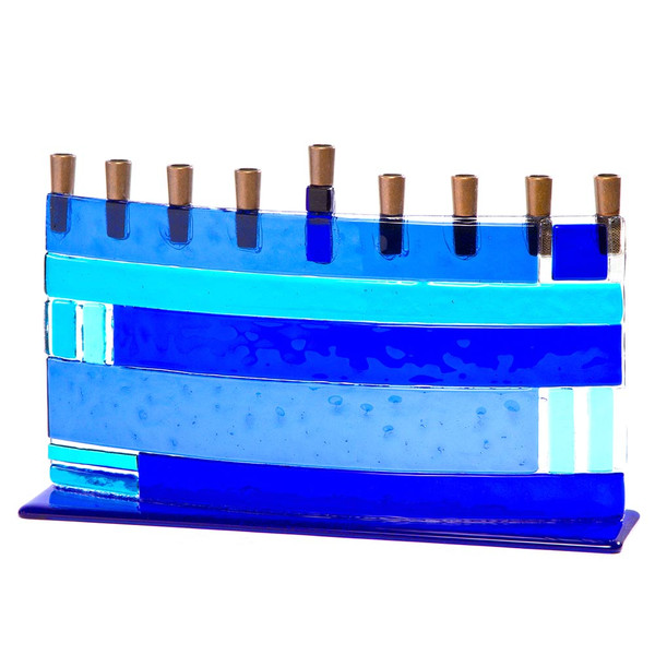 Menorah Judaica - Blue Fused Glass Arc Menorah