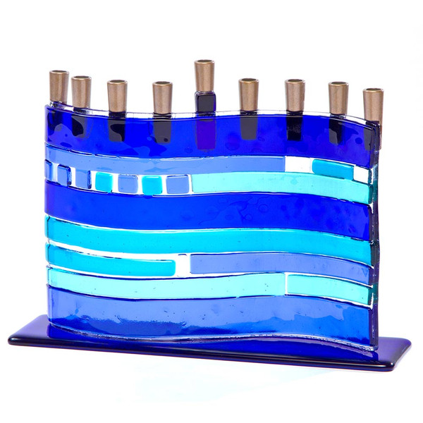 Menorah Judaica - Blue Fused Glass Wave Menorah