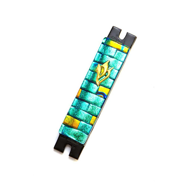 Teal Gold Iridescent Brick Fused Glass Mezuzah