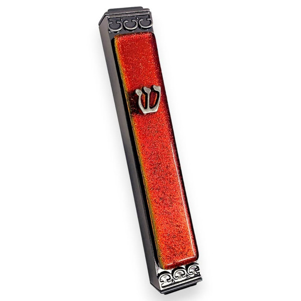 Shimmering Red Glass And Metal Mezuzah