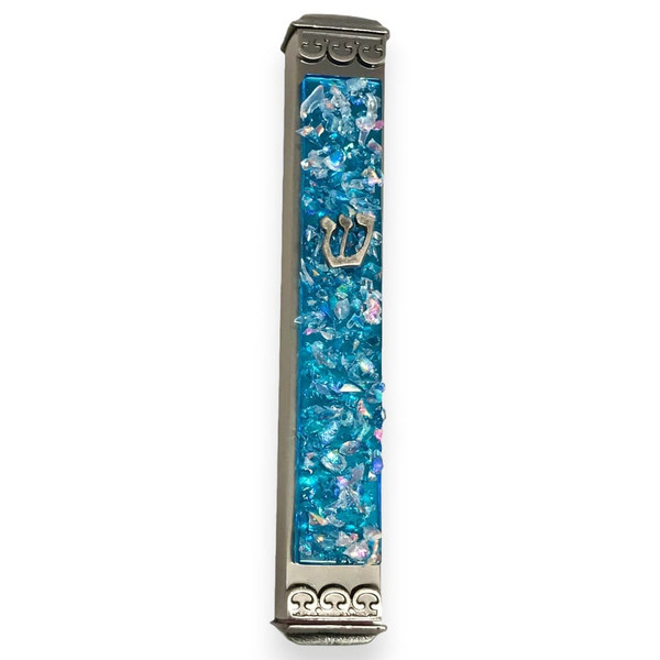 Sky Blue Glitter Glass And Metal Mezuzah